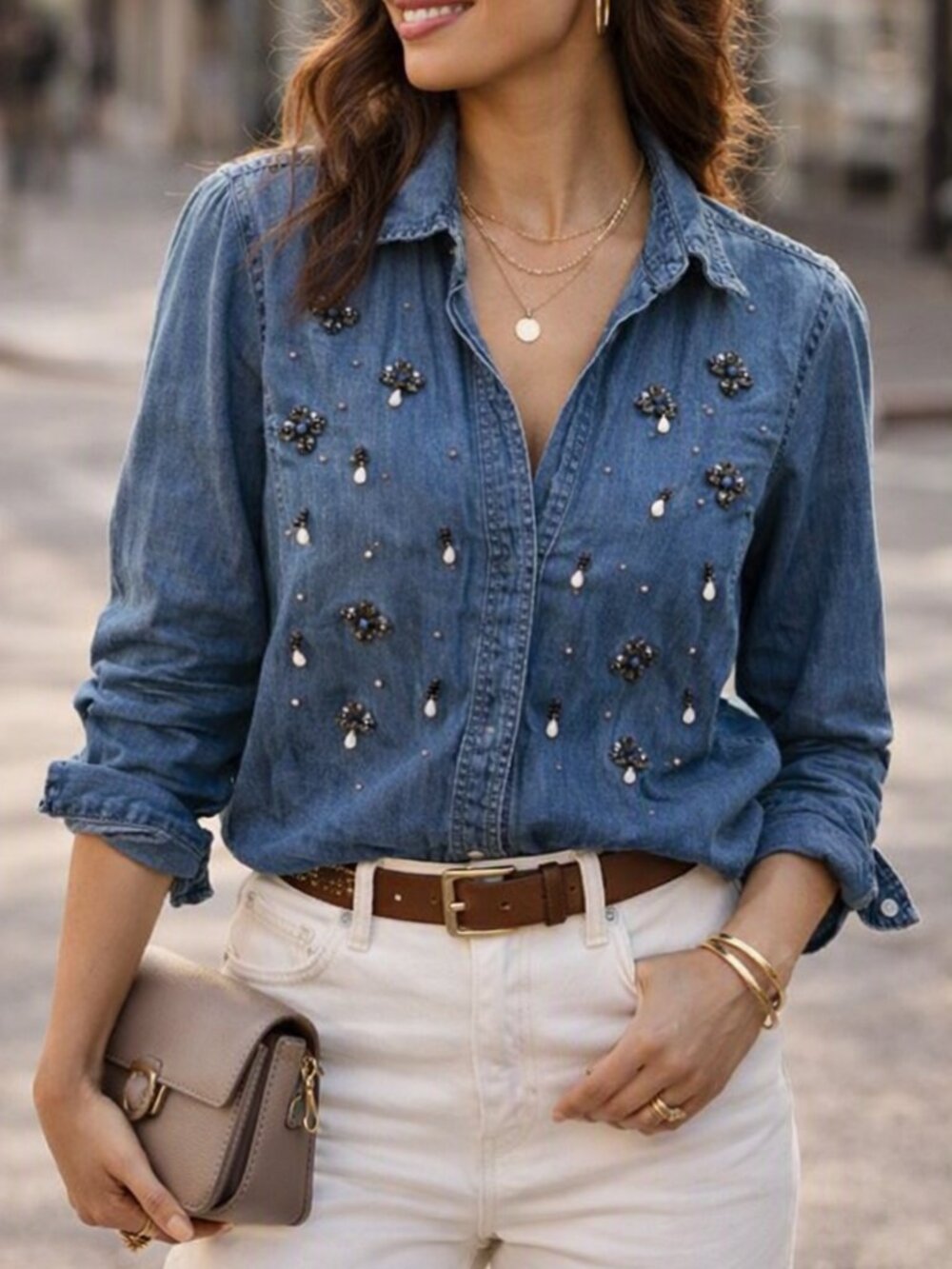 INC Embellished Blue Denim Button-Down Shirt